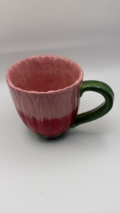 Pier 1 Imports Pink & Green Daisy Mug Hand Painted with Watermelon Color - Look