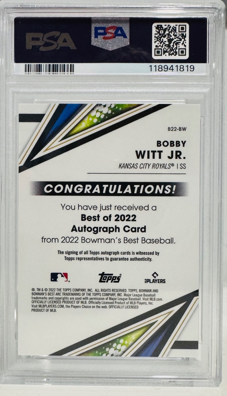2022 Bowman's Best - Bobby Witt Jr. #B22-BW Green /99 PSA 10 (AU, RC) view 2