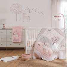 - Colette Crib Bed Set - Baby Nursery Set - Grey Pink White - Unicorn - 5 Pie...