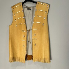 Full Grain Leather Vest Fringe and Shell Navajo made Size Large Handmade