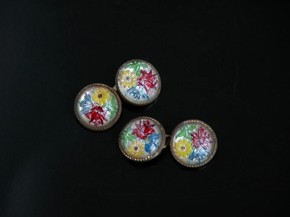 Gemelos antiguos de vidrio burbuja de colección años 30 eslabones de cadena flores margarita amarilla - Imagen 3 de 4