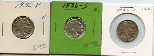 1936 PDS Buffalo Nickel  Uncirculated Lot 3 coins  * No Reserve *