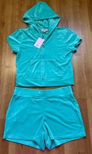 NEW Juicy Couture Velour Short Set Hoodie  Shorts Turquoise Rhinestone Logo Y2K