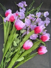 16x Artificial Flower Stems Home Garden Plants Sweet Pea Tulips Grass Bouquet