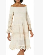 GUESS Gauzy Crinkly Crochet Lace Smocked Off The Shoulder Tiered Dress Small