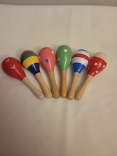 VTG. LOT OF 6 COLORFUL SMALL WOOD HAND PAINTED MARACAS MINT COND.