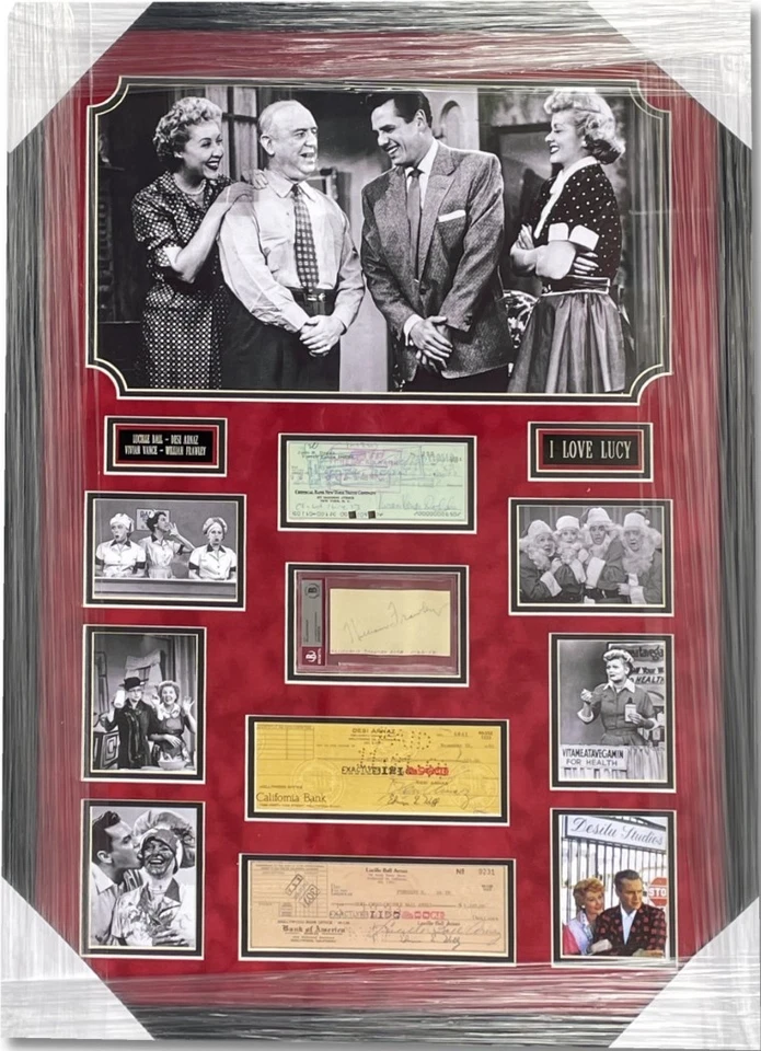 I Love Lucy Cast Autographed Checks Cut Ball Arnaz Vance Frawley Framed JSA