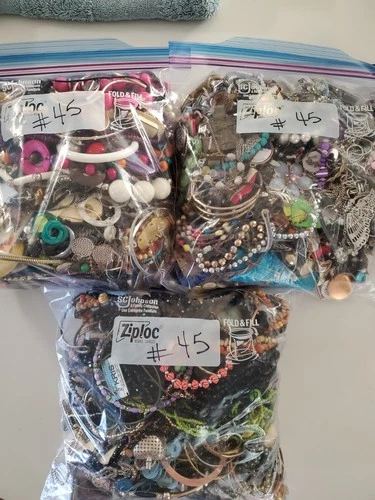 Lot 45 Misc Jewelry Vtg Costume Wearable Repairable Craft Mixed Materials 15 lbs