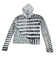 Black & White Striped Abstract Y2K Snaps Hoodie Women Size S Cotton Made In USA