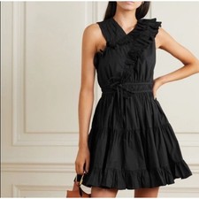 Ulla Johnson Iliana Black Ruffle One Shoulder Cotton Mini Dress Size 6