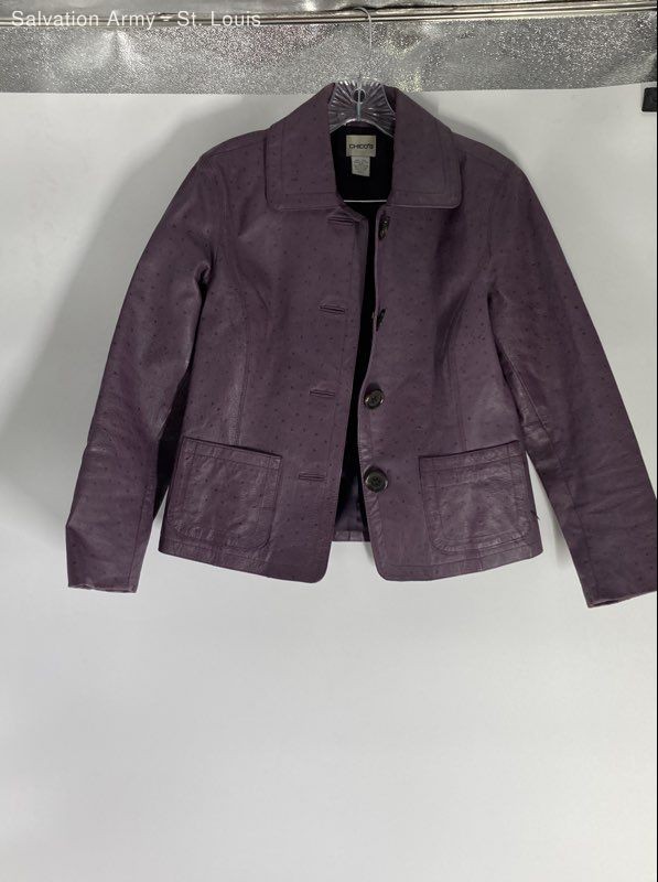 Chico's Womens Purple Leather Long Sleeve Collared Button Front Jacket No Size