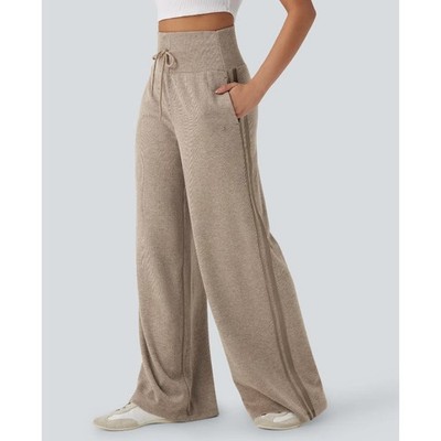 NWOT Halara Women's Ribbed High Waisted Wide Leg Pants Oatstone Beige Size XS