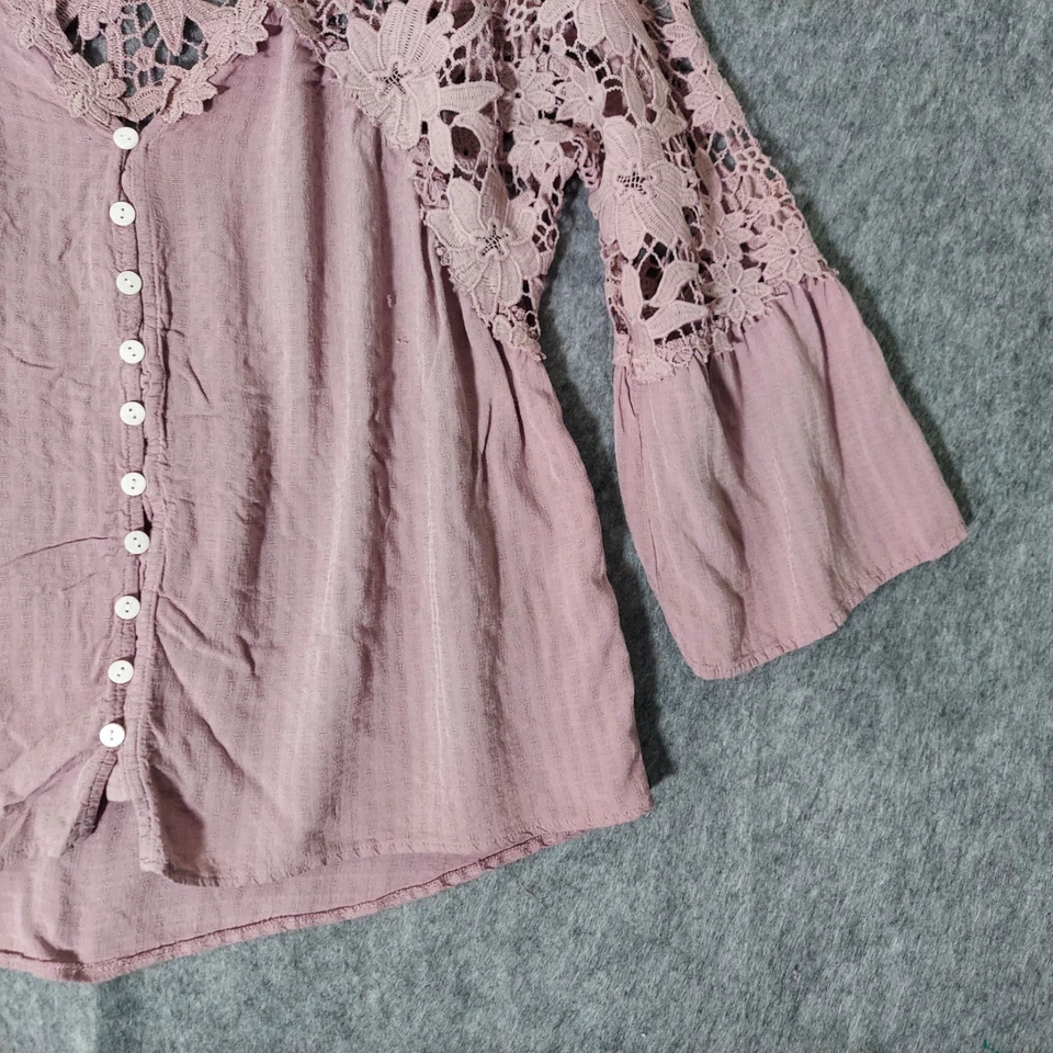 Shein Tunic S 钩针刺绣纽扣喇叭袖薰衣草节日波西米亚 — 第 4/4 张图片