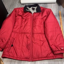 Vintage 90s Nike Red Quilted Puffer Coat Jacket XXL Zip Up Fleece Collar Pockets