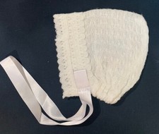 Handmade Baby Bonnet-Newborn-White-Soft-Satin Tie-Lace Trim