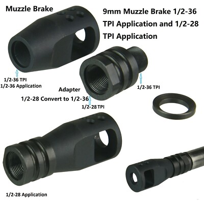 1/2-36 TPI and 1/2-28 TPI 9 mm Competition Muzzle Brake Both Aluminum Black 9mm