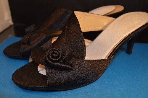 BLACK SATIN MULES SHOES 9 J. Renee 2 1/2"Heels sexy NEW INNER SOLES Slip On VG+ - Picture 8 of 12