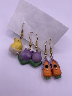 Earrings Spring Easter Tulips Carrot Birdhouse Hatching Chick Ceramic Gold-Tone