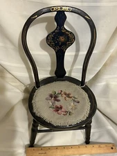 Antique Hand painted doll chair Artist Signed Needlepoint Seat Gold Paint Child￼