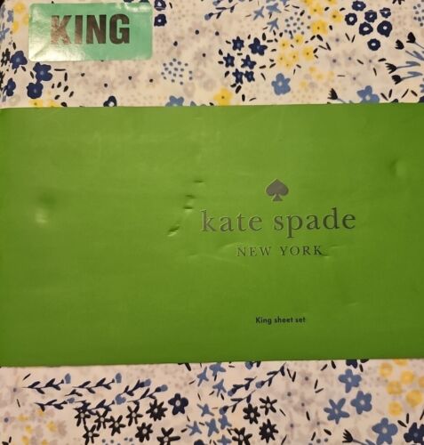 Kate Spade Floral White Blue Yellow Cotton Percale ELEGANT King Sheet Set 4 pc - Picture 1 of 3