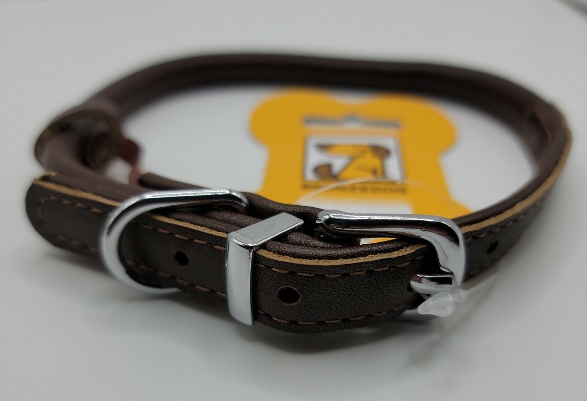 BronzeDog Leather Rolled Dog Collar 11-13 in, Dark New