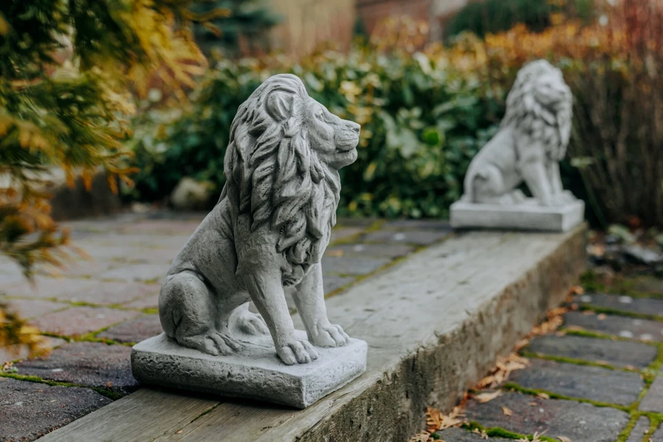 Löwe 2er-Set Steinfigur H.34 cm 25 x 14 cm Grau 22 kg Weißbeton frostsicher - Bild 3 von 4