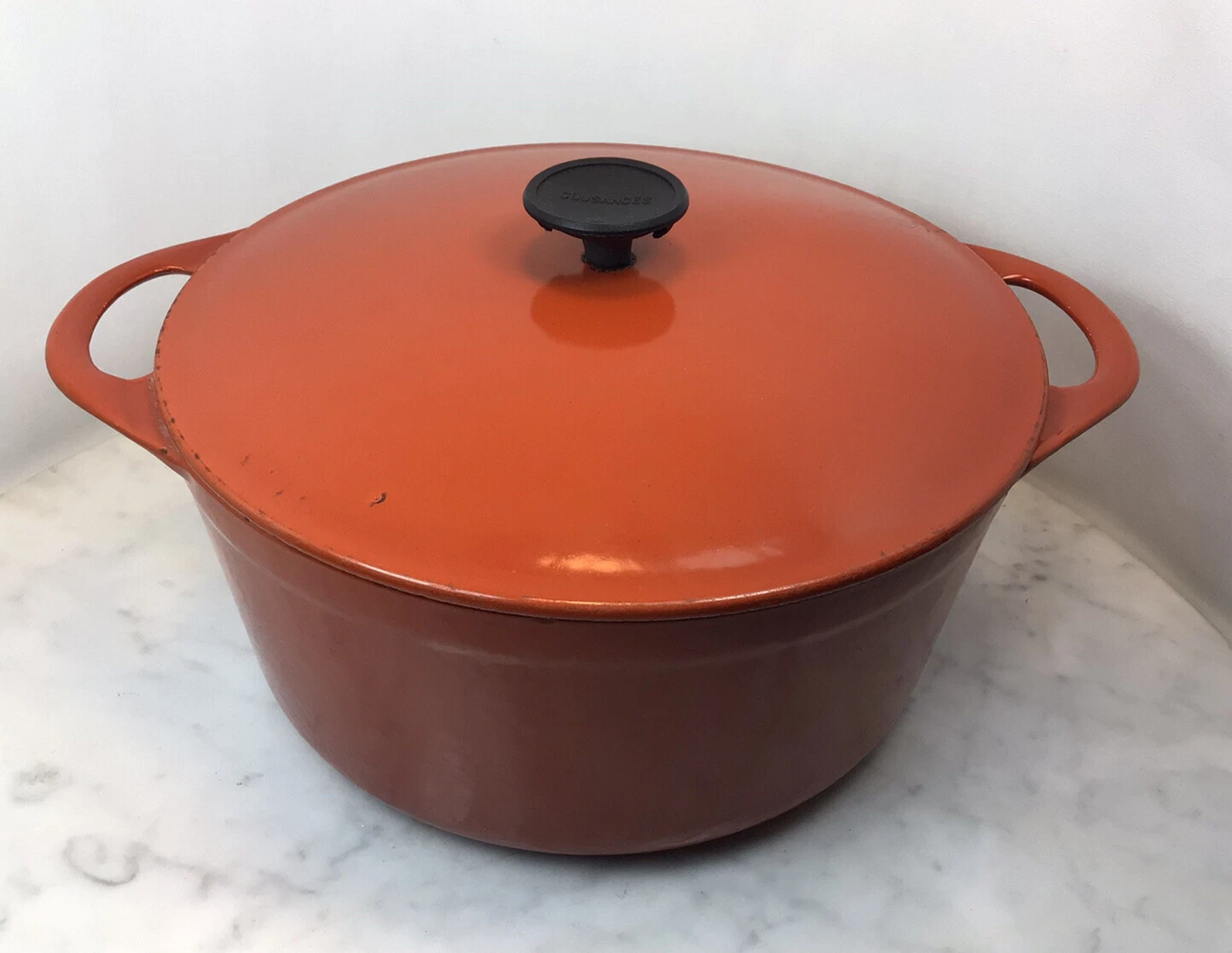 Vintage COUSANCES Orange Enamel Cast Iron Dutch Oven 4 Qt #24