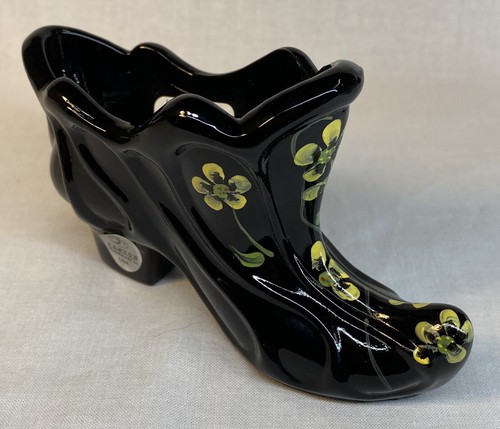 Fenton Hand Painted Flowers On Black Glass Secret Slipper / Shoe 2010 - Picture 2 of 11