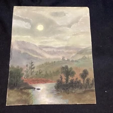 Antique Pastel Painting Mountain Landscape Moonlit Full Moon Hudson River School