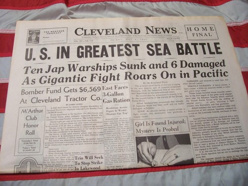 Cleveland WW2 Newspaper U.S. in Greatest Sea Battle May 8, 1942 Complete Paper