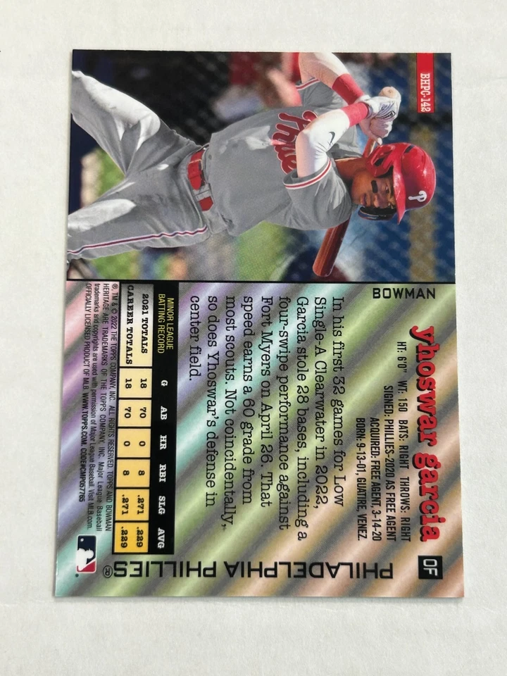 2022 BOWMAN HERITAGE CHROME YHOSWAR GARCIA 50/50 GOLD REFRACTOR PHILLIES SP - Image 2 of 2