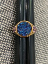 Gilt Wash Sterling Silver Women's Ring w/ Blue Druzy Quartz Purple Stones Sz 9