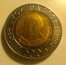 Moneta da 500 lire anno 1994 - cinquecento anni Luca Pacioli - CIRCOLATA (154)