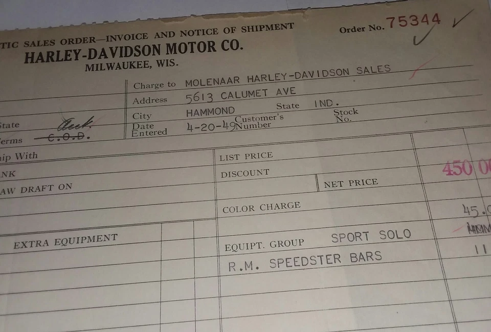 1949 WL FLATHEAD HARLEY DAVIDSON DOMESTIC SALES ORDER Foto 4 de 4