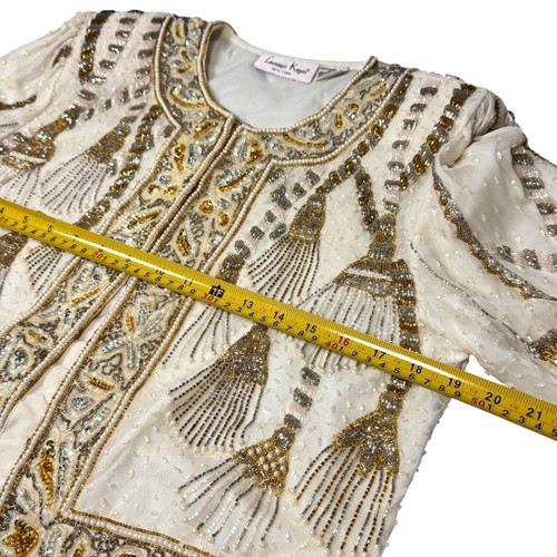 Chaqueta de seda con cuentas Laurence Kazar de colección talla L diseño borla oro blanco glamour rara - Imagen 5 de 14