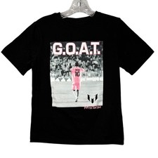 Kids Messi GOAT T Shirt Black Graphic Soccer Football Tee, Size Large 10/12