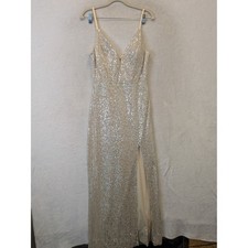 Speechless Womens Gold Sequin V-Neck Maxi Gown Dress Size M Side Slit Formal