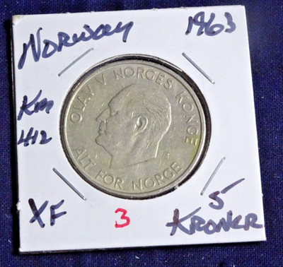 NORWAY 1963 ''5 KRONER''  (U-GRADE)  EXTRA FINE  KM 412 CIRCULATED #3