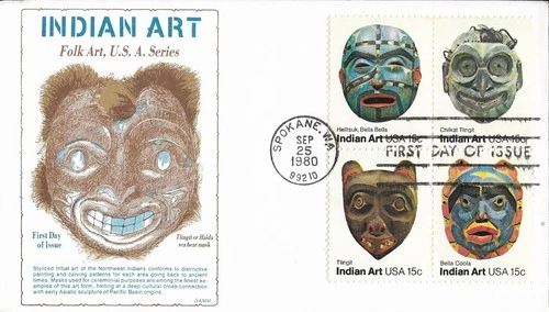 1980 FDC, #1837a, 15c Pacific Northwest Indian Masks, GAMM, block of 4