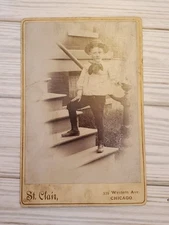 VTG Cabinet Card Young Boy on Stairs St Clair Studio Chicago IL 4x6