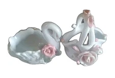 Small Cermanic Basket & Swan Dish Embellished with Pink Roses. Use; Trinkets Etc