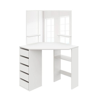 ELEGANTER Eckschminktisch mit 3 Winkelspiegeln und 5 Schubladen, weißer Waschtisch