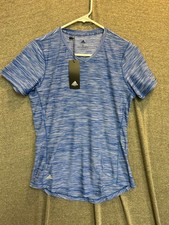 Adidas Melange Tech T Shirt Womens Small Heather Blue Logo Drop Cut Hem V Neck