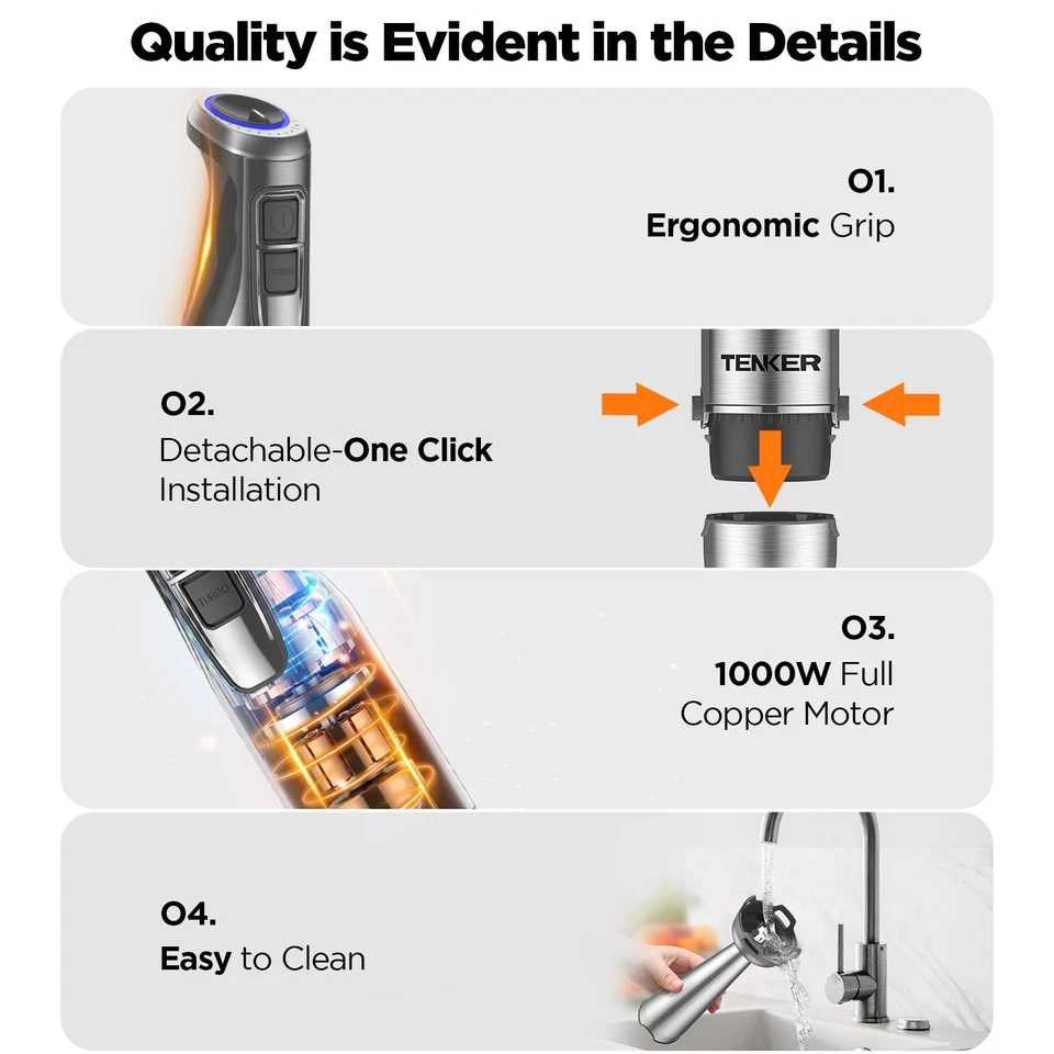 Liquidificador portátil de imersão TENKER 1100W 5 em 1 lâminas de aço inoxidável 12 velocidades - Imagem 3 de 4