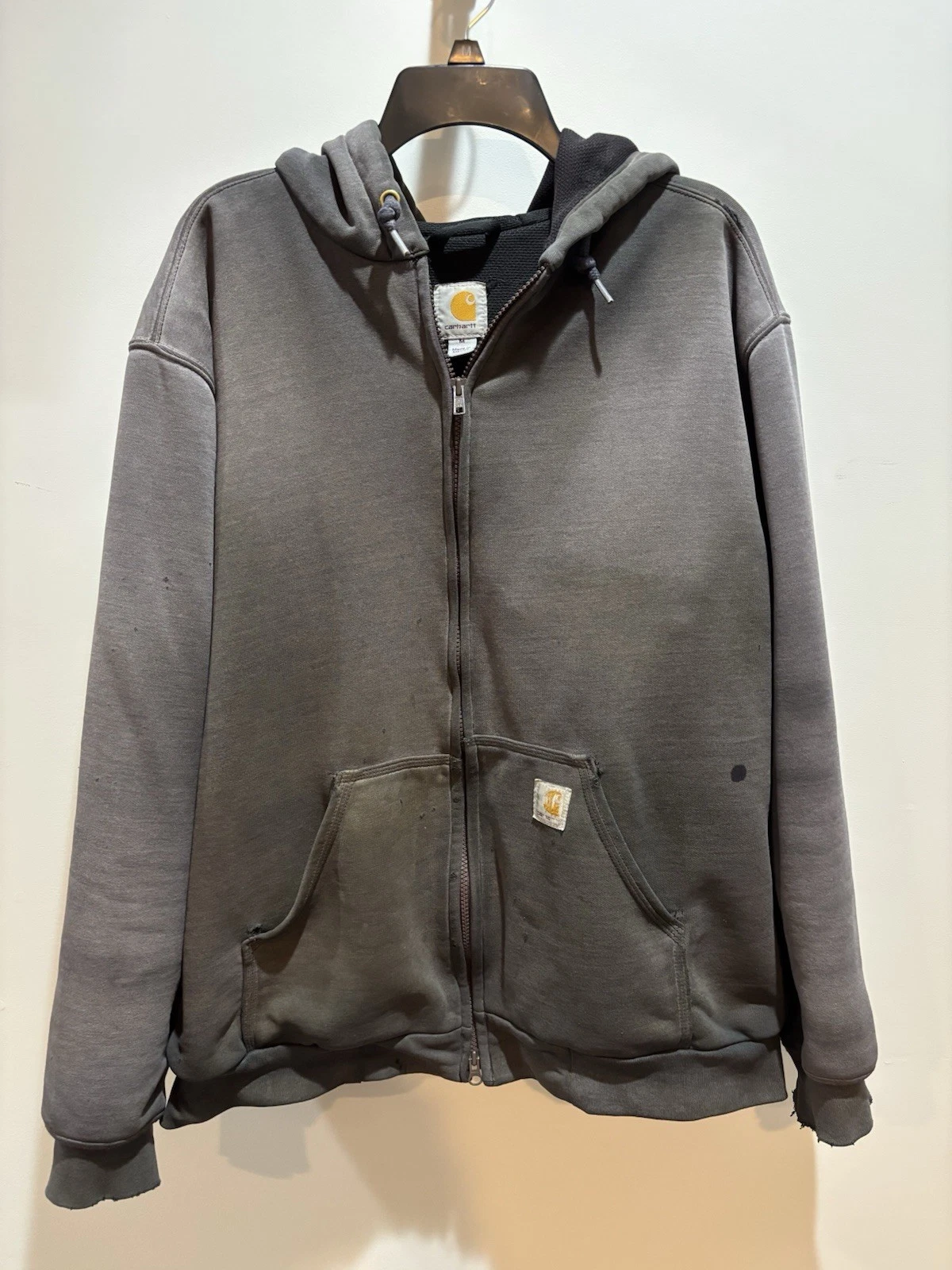 Vintage distressed acid wash insulated lined Carhartt Black zip up hoodie fits L