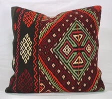 Decorative Red Orange Turkish Kilim Pillow Cover 24" Black Green Kilim Pillow