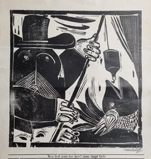 Woodcut Signed Mechthild Schäfer, Wos Hert Men Fun Jam, 1960s
