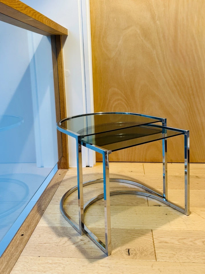 Two Italian Half Moon Smoked Glass & Chrome Nesting Tables by Vico Magistretti - Image 4 of 4