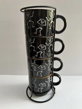 Halloween Dancing Skeletons Coffee Mugs Stackable Cups Wire Rack Set Of 4