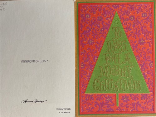 70s Pink Green Tree Script “Wish You Merry Christmas” Vtg XMAS Card USED - Bild 3 von 5